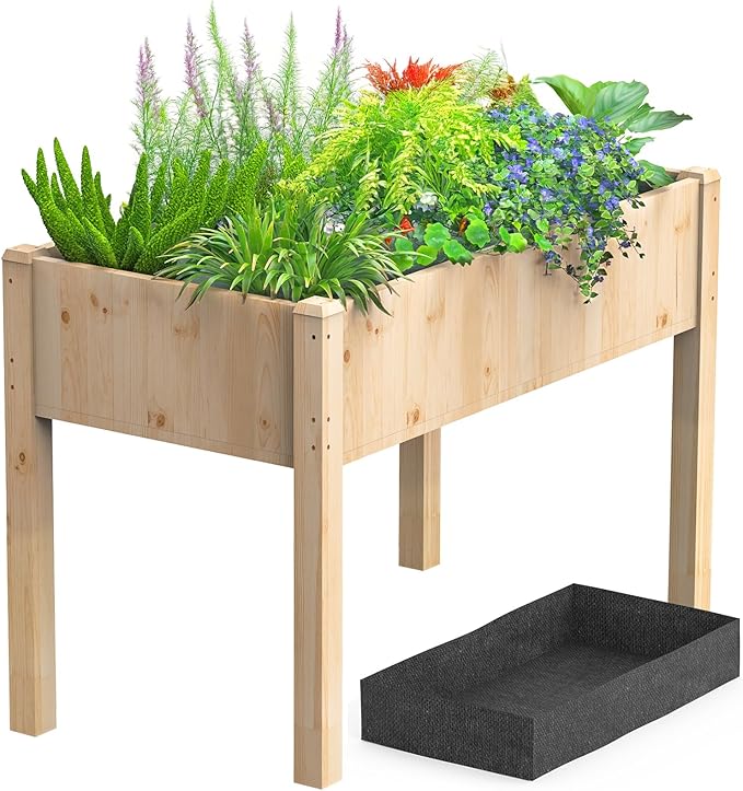 OLIXIS 48x 24x 30in Raised Garden Bed - Natural Wood Elevated Planter Box with Non-Woven Liner 300lb Capacity - Perfect for Backyard Patio Balcony Gardening(Light Yellow)