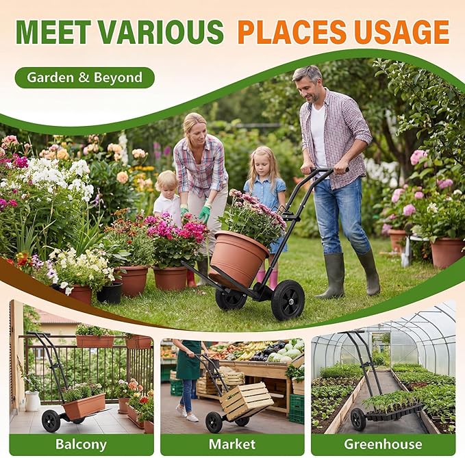 Adjustable Plant Caddy with Wheels Heavy Duty Plant Dolly Cart w/Grab Arm and Strap Dual Protection Garden Potted Plant Mover Dolly for Planter Flower Pots Indoor Outdoor Supports 175lbs Black