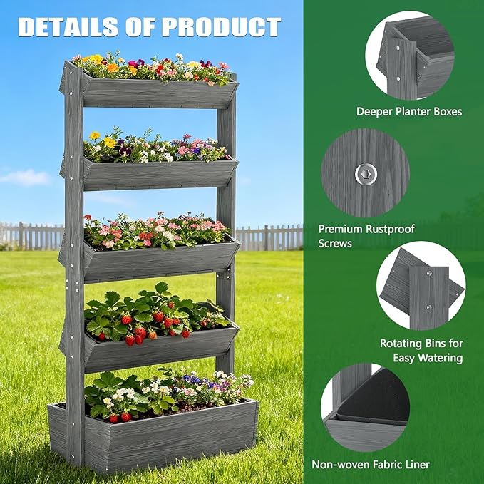 Wooden Vertical Raised Garden Bed 5 Tier Garden Planters Raised Beds Freestanding Plant Stand Flower Rack Wooden Planter Box for Plants Herbs Flowers Vegetables Outdoor Indoor Gardening