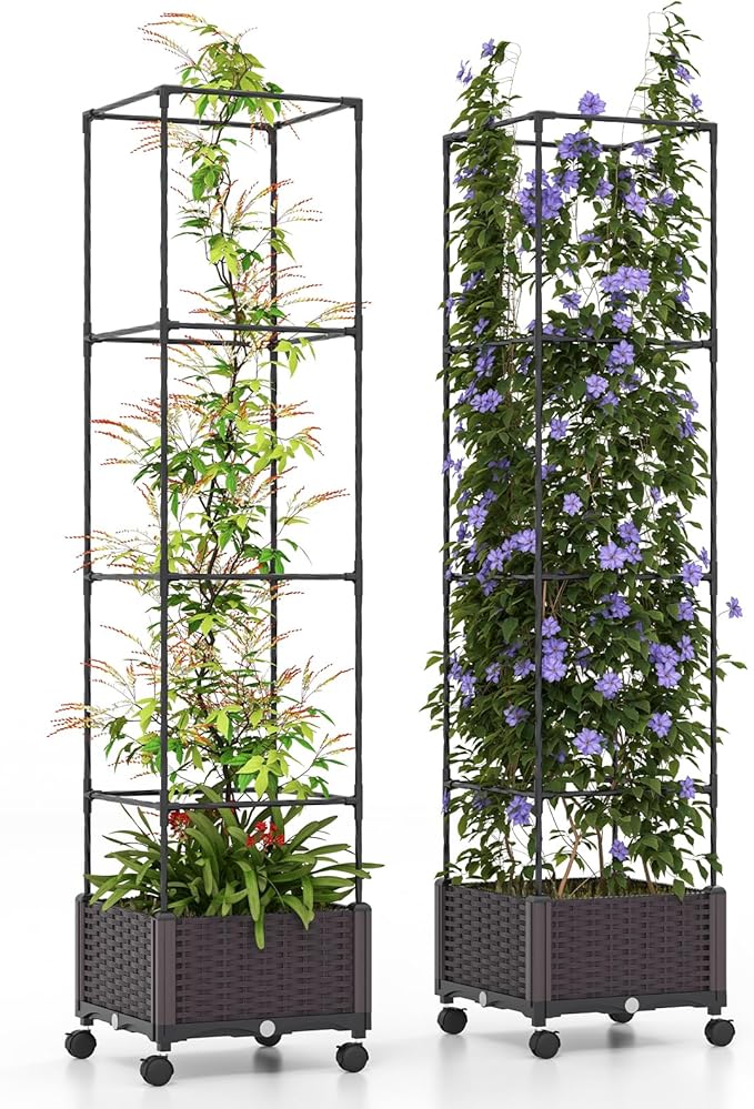 S AFSTAR Raised Garden Bed with Tomato Cage 67 Planter Box W/Trellis &amp Lockable Wheels Free Height Combination Self-Watering Plastic Garden Box Plant Container for Climbing Plants Vegetable (2)