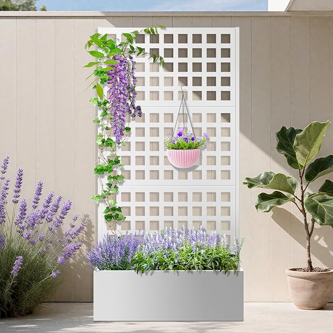 Metal Planter Box with Trellis Planter Box with Privacy Screen Privacy Trellis Outdoor for Climbing Plants with Drainage Holes Raised Garden Bed for Vegetables
