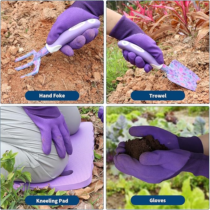 Purple Garden Tool Sets 10-Piece Aluminum Alloy Steel Hand Tools w/Non-Slip Ergonomic Handle Floral Print Garden Supplies Organizer Handbag Cute Gardening Tools Gift for Women Grandmother