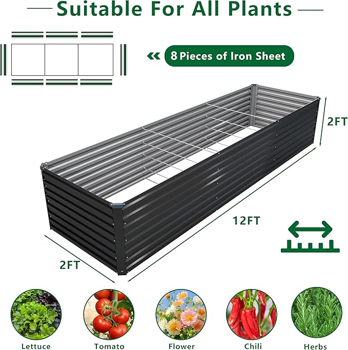 12x2x2FT Galvanized Raised Garden Bed KitVegetable Plant Boxes-Rectangle Metal Flower BoxLarge Planter Raised Beds Outdoor Garden for PlantingFruitHerb-Black