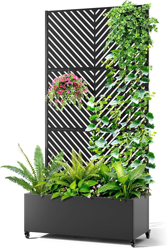 Metal Raised Garden Bed with Trellis 2-in-1 Planter Box &amp Privacy Screen for Climbing Plants Outdoor Standing Flower Bed with Drainage Holes 35.4 L x 15.7 W x 70.1 H Black-Parallel