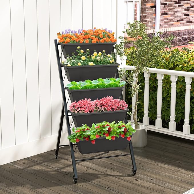 Giantex Set of 2 Vertical Raised Garden Bed on Wheels Elevated Planter Raised Beds with Water Drainage Freestanding 5 Container Boxes for Vegetables and Flowers Growing Outdoor Indoor Patio Balcony