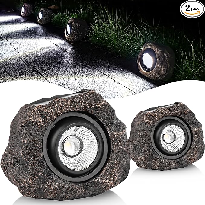 Solar Rock Lights Outdoor Garden Waterproof - Super Bright LED Solar Spotlights Solar Powered Landscape Path Decorative Garden Stone Lights for Pathway Walkway Yard Patio (2 Pack)