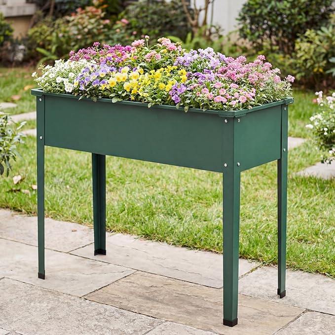 Giantex Metal Raised Garden Bed with Legs 40”x16”x32” Elevated Planter Box with Drainage Holes for Vegetable Fruit Flower Herb Outdoor Standing Gardening Box for Balcony Backyard Patio Porch Green