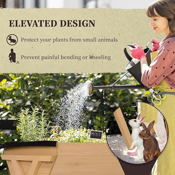 Outsunny 39'' x 28'' Raised Garden Bed with Legs Elevated Wooden Planter Box with Bed Liner for Vegetables Flowers Herbs Backyard Patio Balcony
