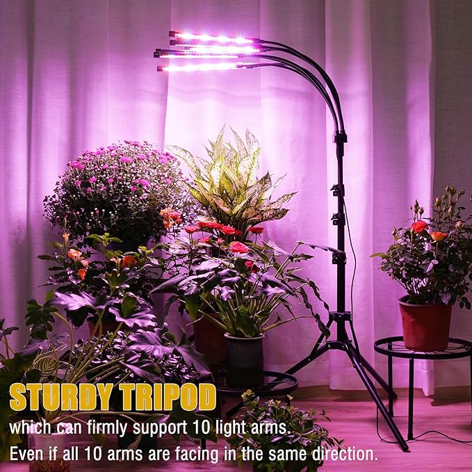 Grow Lights for Indoor Plants [ 10 in1 ] Full Spectrum Grow Light with Tripod Stand Auto On/Off Timing 4/8/12H Plant Lights for Indoor Growing. (Mix Spectrum 10 Arms)