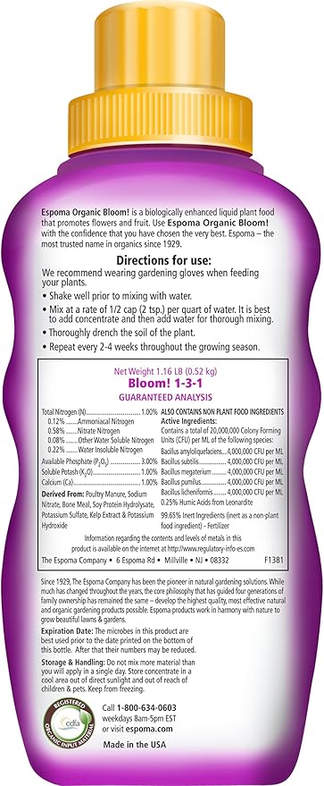 Espoma Organic Bloom! 16-Ounce Concentrated Plant Food – Plant Fertilizer and Bloom Booster for All Flowering Plants. Promotes Vigorous Growth and Blooming - Pack of 3