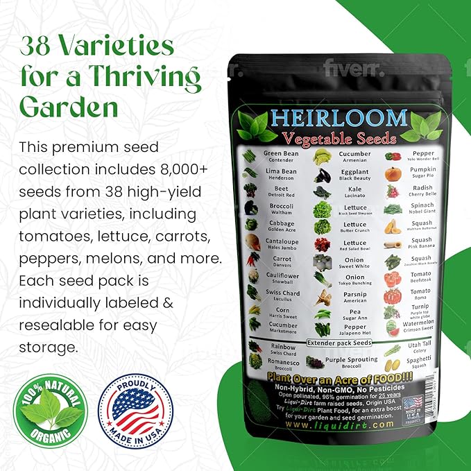 Heirloom Fruit and Vegetable Seeds - 38 Varieties Over 8000 Non-GMO Non-Hybrid Chemical-Free Seeds for Survival Garden Seed Bank