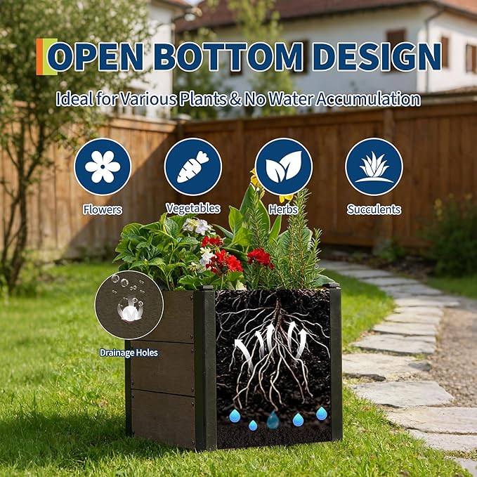 Wood Look Elevated Garden Bed for Patio Deep Root Planter Box with Durable Composite Material Space-Saving Outdoor Garden for Vegetables &amp Herbs Easy Assembly19 x 19x 17with Bottom