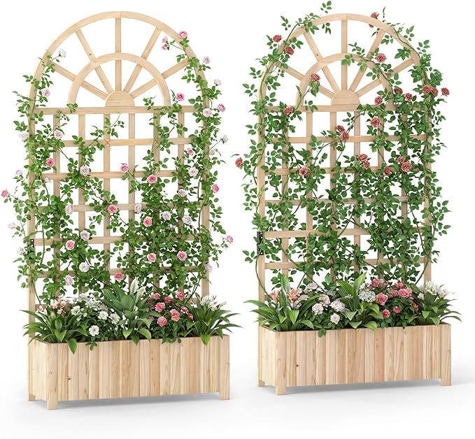 Happygrill Wooden Raised Garden Bed with Trellis Outdoor Planter Box with Drainage Holes Privacy Screen Natural Fir Wood Elevated Garden Bed for Climbing Plants Flowers (2 Natural 36''x12''x71'')
