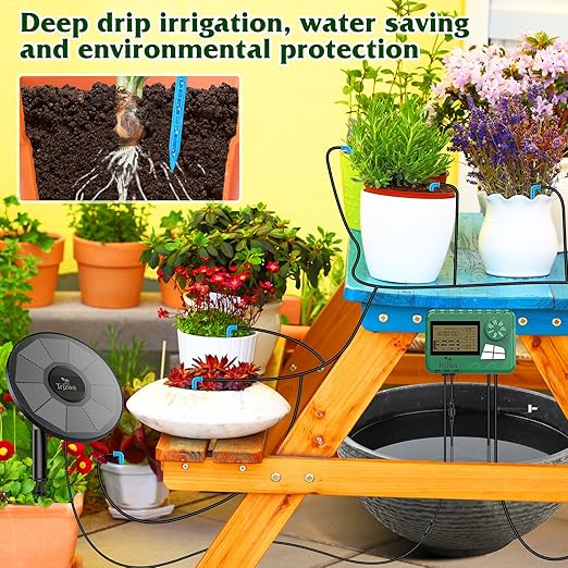 Solar Irrigation System Kit with Automatic Watering Computer Drip Irrigation for Garden Balcony Greenhouse Supports 15 Potted Plants 15 Meter Hose