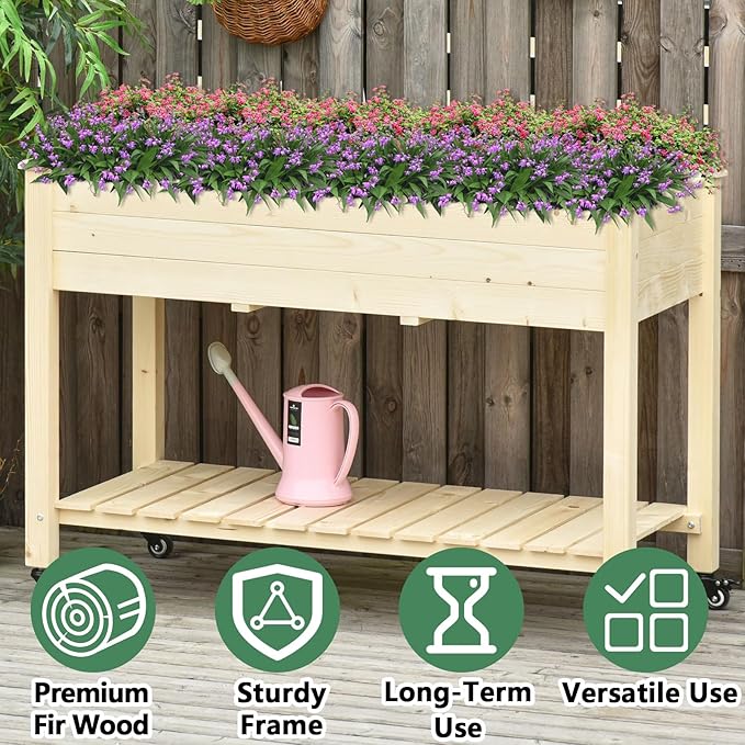 Elevated Herb Garden BedWooden Standing Planter Box with WheelLegs and Storage ShelfPatio Raised Garden Bed for HerbsVegetablesFlowers (Cream White 46.5 Inch)