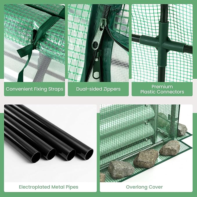 HAPPYGRILL Raised Garden Bed with Cover Outdoor Planter Raised Bed w/2 Large Zipper Mesh Screen Windows Galvanized Metal Planter Box for Gardening Flowers Vegetables (Green &amp Silver)
