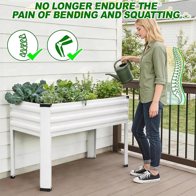 Galvanized Raised Garden Bed with Legs 2 Pack 48x24x32in Elevated Raised Garden Bed Outdoor with Drainage Holes Planter Boxes for Gardening Vegetable Flower Fruit in Backyard Patio Balcony (White)