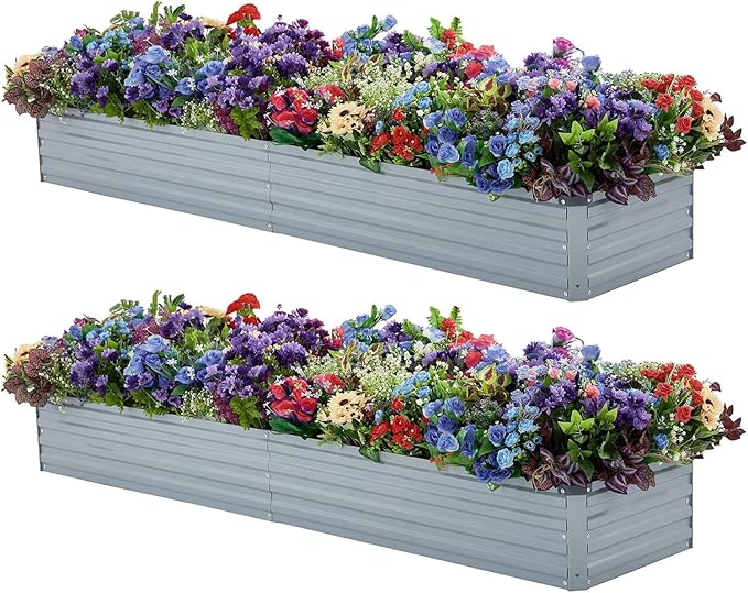 2 Pack 8x2x1FT Galvanized Raised Garden Beds Kit Outdoor Metal Gardening Planter Box for Vegetable Elevated Flower HerbsGray