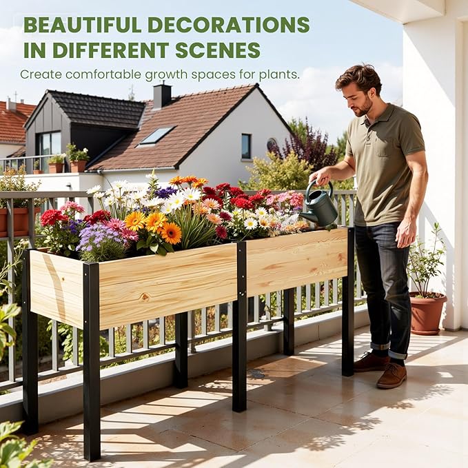 SUNYRISY Dual Wooden Raised Garden Bed Outdoor with Metal Legs for Gardening 71 L x 23.6 W x 31.5 Elevated Planter Garden Box Raised Bed for Vegetable Flower Herb