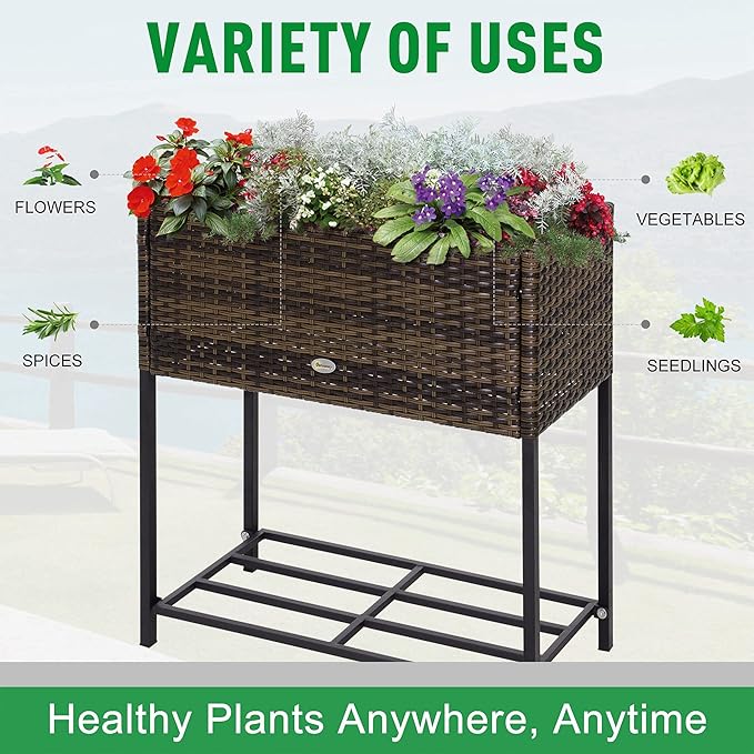 Outsunny Raised Garden Bed Elevated Planter Box with Rattan Wicker Look Tool Storage Shelf Portable Design for Herbs Vegetables Flowers Brown