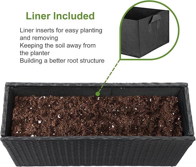 LEWIS&ampWAYNE Large Rectangular Block Planter Box Handmade Wicker Tall Planters for Outdoor Plants with Removable Liners Modern Planter for Indoor Outdoor Patio Deck - Black 30''x12''x16''