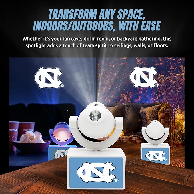 Sporticulture NCAA American Football UNC - Adjustable Led Mini Spotlight Projector with 6 Team Logo Designs - Portable &amp Rechargeable Spotlight - Battery-Operated - 4.375” x 3.125”