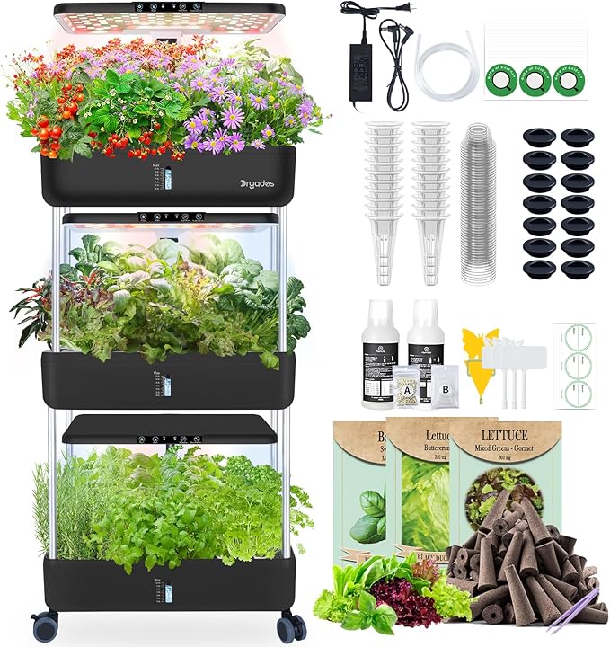 66-Pod Indoor Hydroponic Growing System + 3 Free Seeds Starter Kit (Lettuce Salad Mixed Basil Seeds) – Dual 53W Full-Spectrum LED 10-L Water Tank 3-Tier Grow Pods (66 Pods)