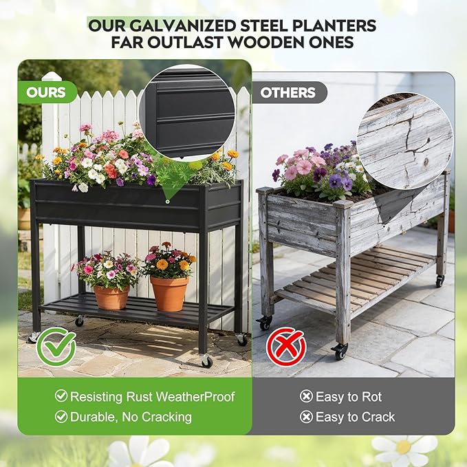 ZORMY 32 Tall Galvanized Raised Garden Bed with Legs Wheels &amp Shelf Elevated Planter Box Outdoor for Vegetables Herbs &amp Flowers Patio &amp Backyard Garden Bed with 400lb CapacityBlack