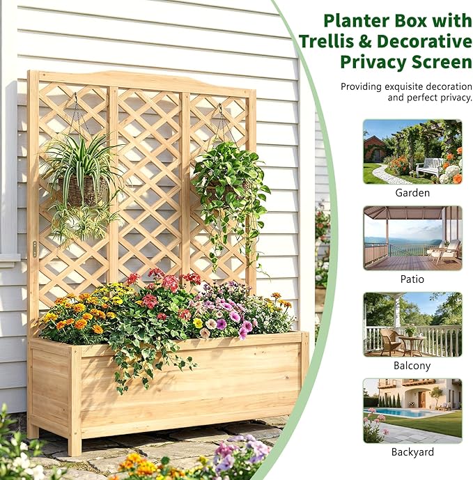 Wooden Raised Garden Bed with Trellis Freestanding Planter Box with Drainage for Vines Climbing Plants Flowers Herbs Elevated Gardening Planter for Backyard Balcony Patio