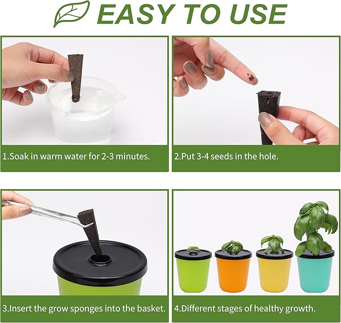 Kratky Method Hydroponic Planter Kit 8 Hydroponic Planter Plus 24 Growing Sponges for Herbs Hydroponic Mini Buckets for Windowsill Herb Garden Hydroponic Growing System for Vegetables