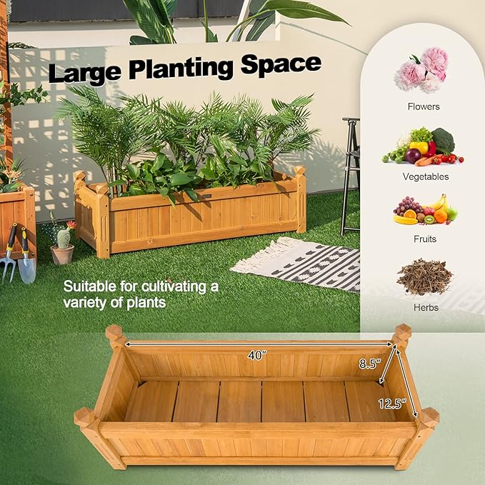 S AFSTAR Wooden Raised Garden Bed Outdoor Rectangular Plant Box W/Drainage Holes Wood Raised Planter for Vegetable Fruit Flower Rise Planter Container for Yard Patio Garden 43.5 L x 16 W x 14 H