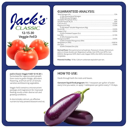 Jack's Classic 12-15-30 Veggie Feed Water-Soluble Fertilizer with Micronutrients 1.5lbs - Plant Growth and Abundant Fruit Set in Blooming Vegetable Plants