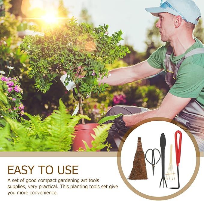 Angoily 5pcs Gardening Tool Set with Garden Shears and Rake for Bonsai and Potted Plants Handheld Transplanting Tools with Sturdy Blades for Indoor and Outdoor Plant Care
