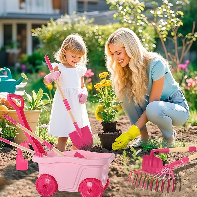 Kids Gardening Tools Outdoor Toys Set - Wheelbarrow Backyard Play Set for Kids with Shovel Rake Leaf Rake Summer Yard Digging Weed Toys Easter Birthday Gifts for Boys Girls Age 2 3+ Years Old