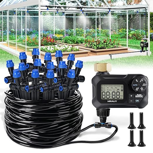 HIRALIY 59FT Greenhouse Misting Drip Irrigation Kit with Water Timer Quick Connector Design Garden Watering System Automatic Irrigation System with Tubing Nozzles for Hanging Plants Raised Bed