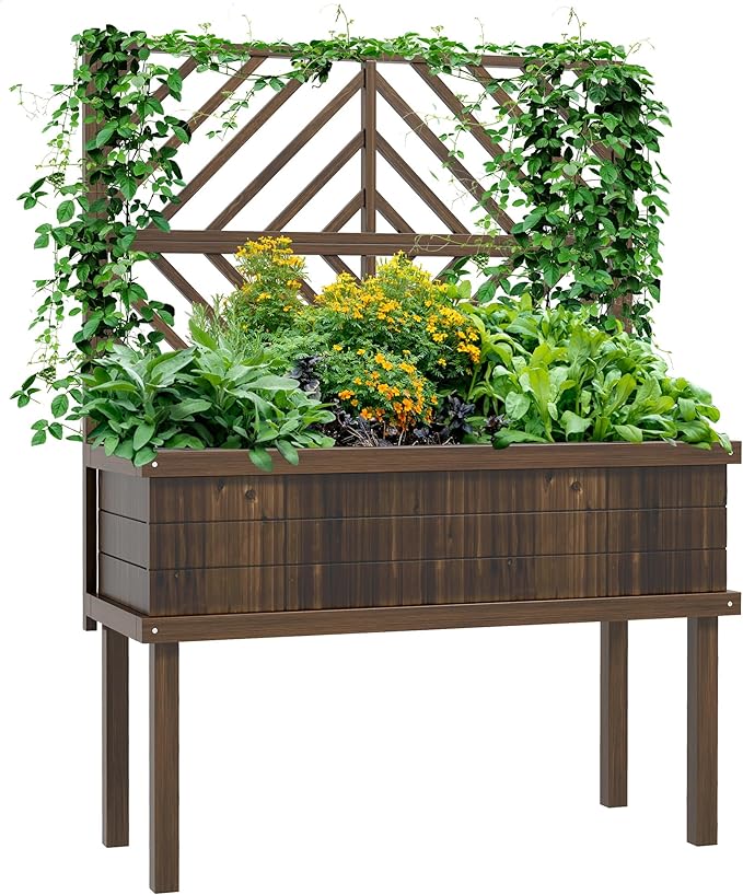 Carbonized Wood Raised Garden Bed with Stylized Trellis Spacious Self Draining for Climbing Plants Vegetables and Grape Vines Perfect for Outdoor Gardens and Patios