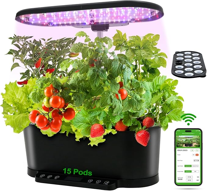EAGLE PEAK 15 Pods Hydroponics Growing System with WiFi 5.5 L Water Tank Smart Indoor Plants Germination Kit with LED Grow Light Pump System Adjustable Height for Home Kitchen Gardening Black