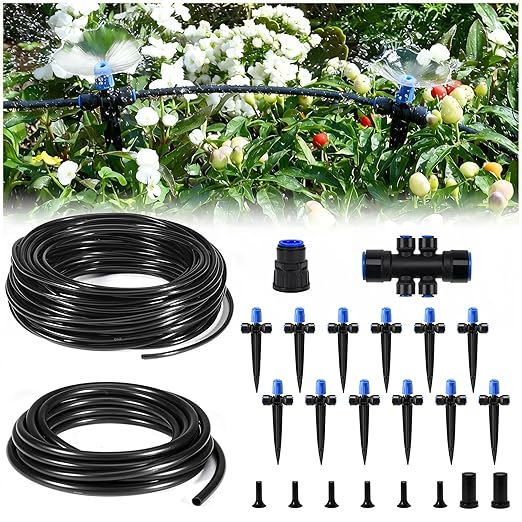 HIRALIY 50FT Quick Connect Garden Watering System with Adjustable Vortex Drippers Saving Water Automatic Drip Irrigation Kit for Raised Bed and Plants Vegetable Garden