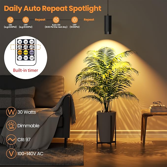 Zoomable Remote Pendant Grow Lights with Auto On/Off Timer 30W Full Spectrum LED Plant Light 2700K-6000K Dimmable Plug in Hanging Lights for Indoor Plants 20FT Power Cord Black