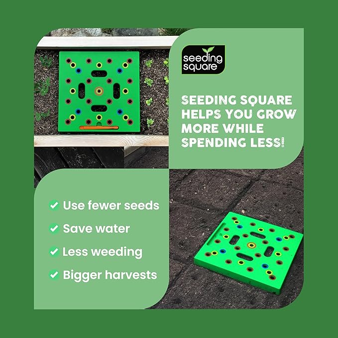 Seeding Square - Patented Seed and Seedling Spacer Tool for Bigger Harvests Organized Plants &amp Fewer Weeds – Color-Coded Gardening Template with Dibber Seed Spoon Ruler &amp Planting Guide