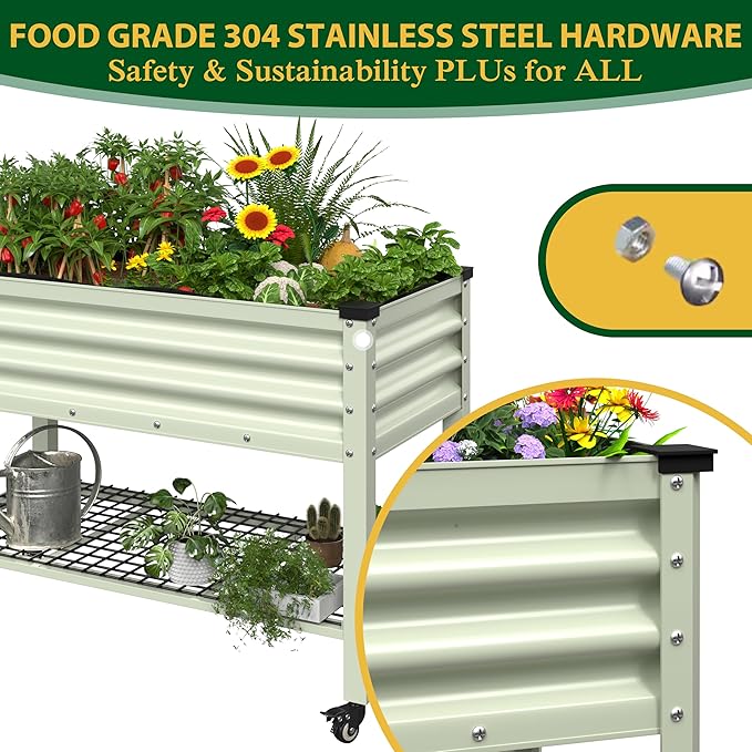 MUPATER 48 L x 24 W x 34 H Galvanized Steel Raised Garden Bed 507lbs Capacity Large Metal Elevated Raised Planter Box with Rolling Casters &amp Extra Bottom Shelf for Patio Balcony Beige