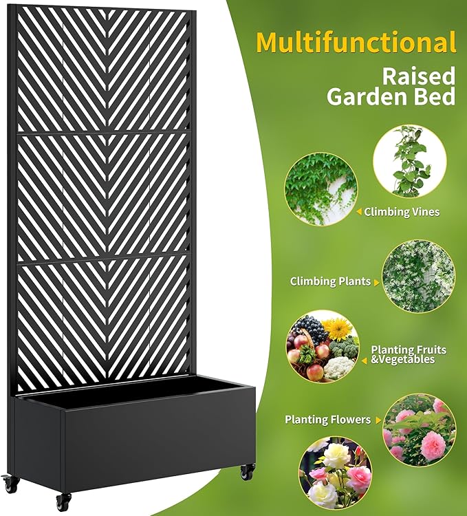 Metal Planter Box with Trellis Outdoor Raised Garden Bed with 4 Wheels Trellis Features Drainage Holes 72X47X16 Privacy Screen with Planter Box for Climbing Plants Vegetables (D-Black)