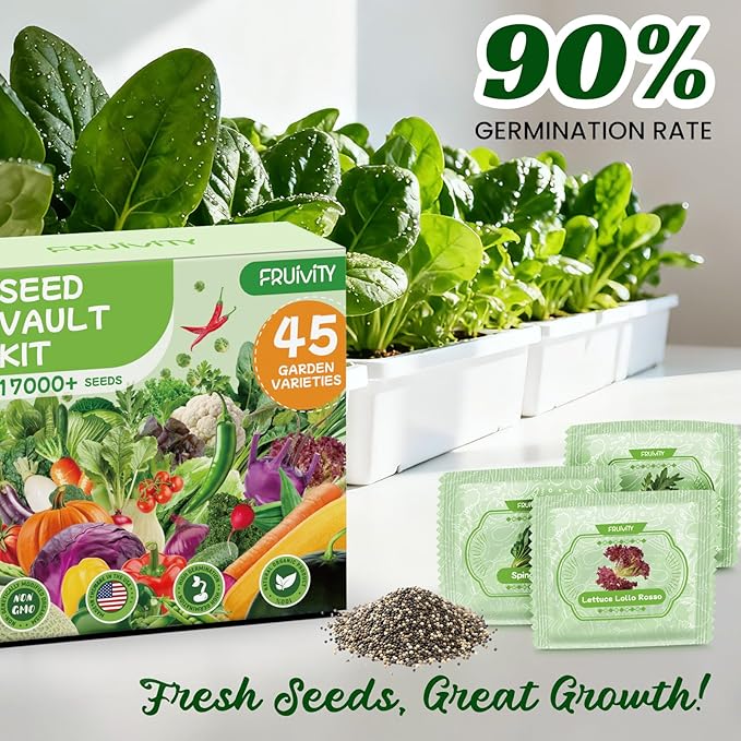 45 Vegetable Seeds Variety Pack - 17000+ Non-GMO Heirloom for Planting Garden Seed Packets Indoor &amp Outdoors Gardening -Seed Vault Kit Friend GiftTomato Cabbage Spinach Cucumber Lettuce