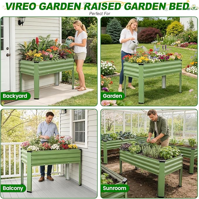 Galvanized Raised Garden Bed with Legs 2Pack 48x24x32in Elevated Raised Garden Bed Outdoor with Drainage Holes Planter Boxes for Gardening Vegetable Flower in Backyard Patio Balcony (OliveGreen)