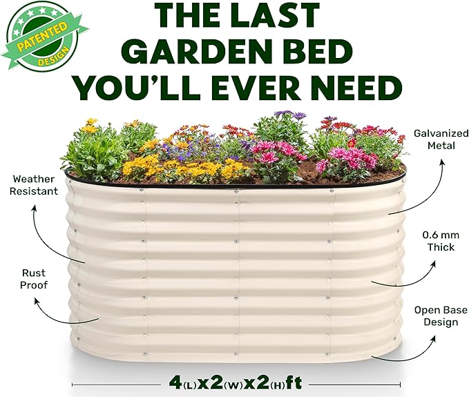 Plant &amp Plot Galvanized Raised Garden Beds Outdoor // 4×2×2 ft Planter Raised Beds for Gardening Vegetables Flowers // Large Metal Garden Box (White) // Patented Tool-Free Design