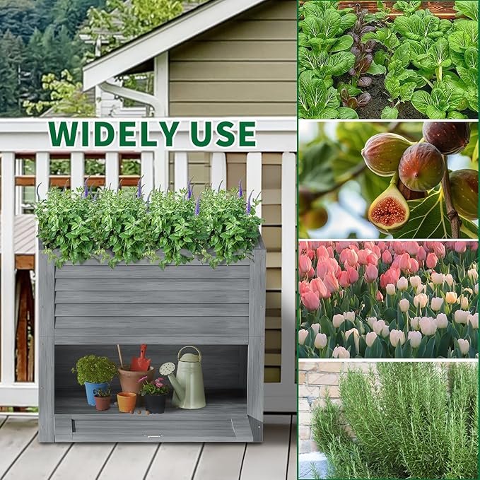 Raised Garden Bed with Extra Storage Compartments Outdoor 34 x 18 x 30 Wood Elevated Garden Box Wooden Planter Box for Herbs Vegetables Flowers Backyard Patio Balcony