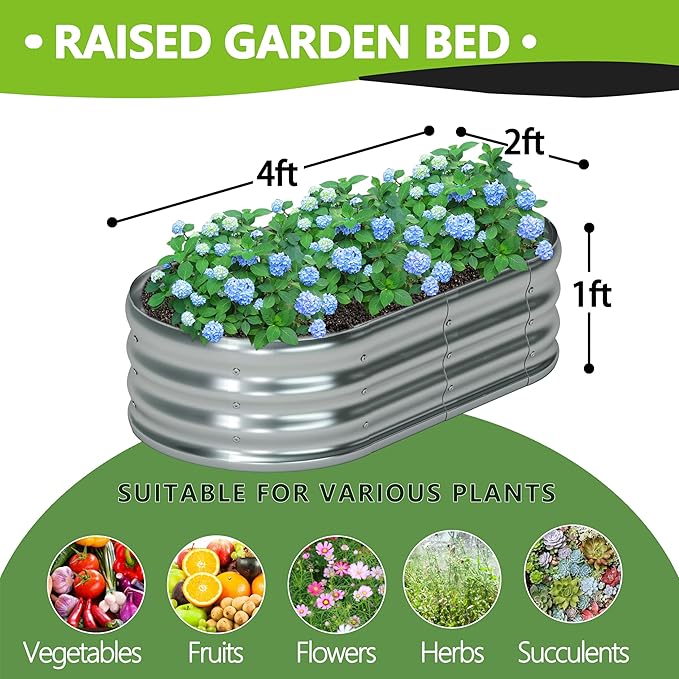 4x2x1ft(2 Pack) Galvanized Oval Raised Garden BedOutdoor Planter Box Metal Patio Kit Planting Bed for Vegetables Flowers HerbSilver