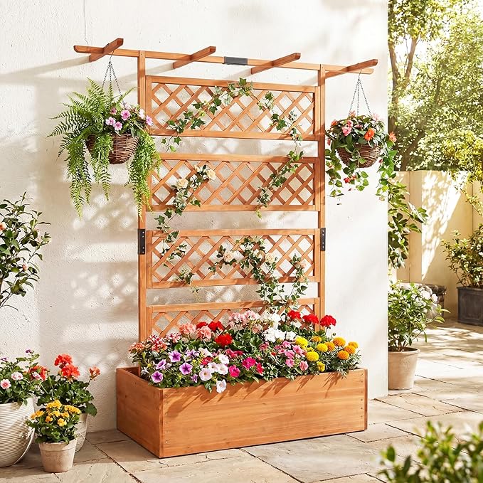 COSTWAY Wooden Raised Garden Planter with Trellis and Roof 72 Freestanding Privacy Screen &amp Climbing Plant Support for Outdoor Patio Balcony Vegetable Herb and Flower Gardening (Orange1)