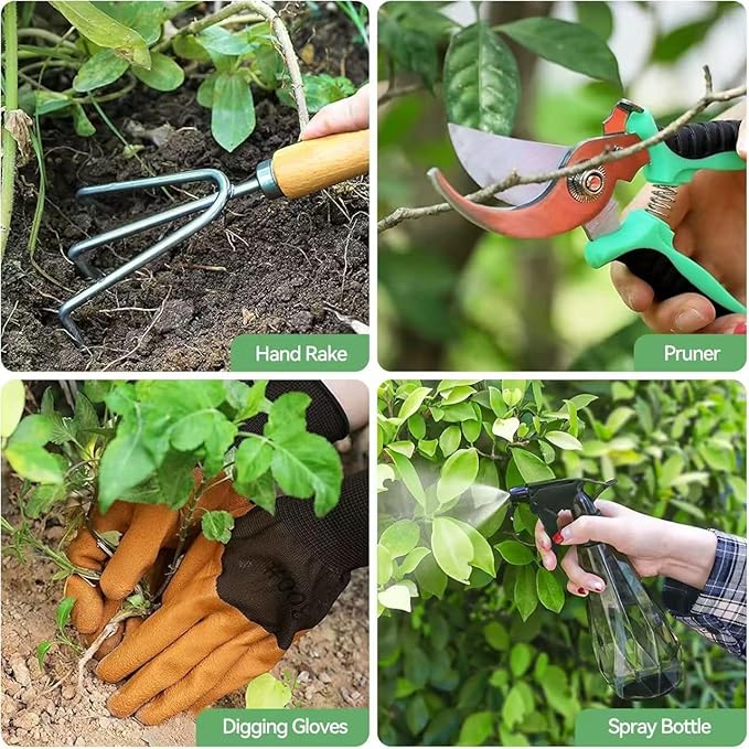 Gardening Tools Set 9-Piece Heavy Duty Hand Tools Weed Puller Tool Pruning Shears Bonsai Tools Hedge Clippers Garden Shovel Garden Scissors with Fashion Organizer Handbag Gift for Women mom