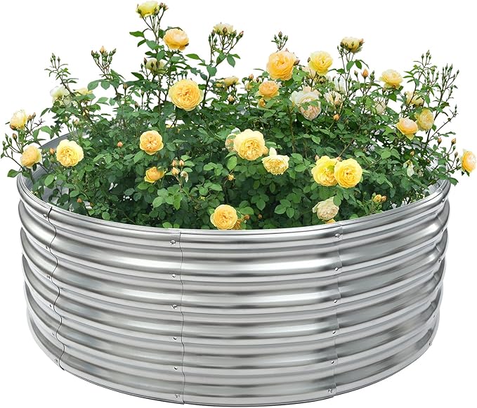 3.5x3.5x1.5 ft Round Galvanized Raised Garden Bed Round Metal Planter Box for Vegetables Fruits and Flowers Outdoor Metal Raised Bed Rust-Resistant and Easy Assembly (Silver)